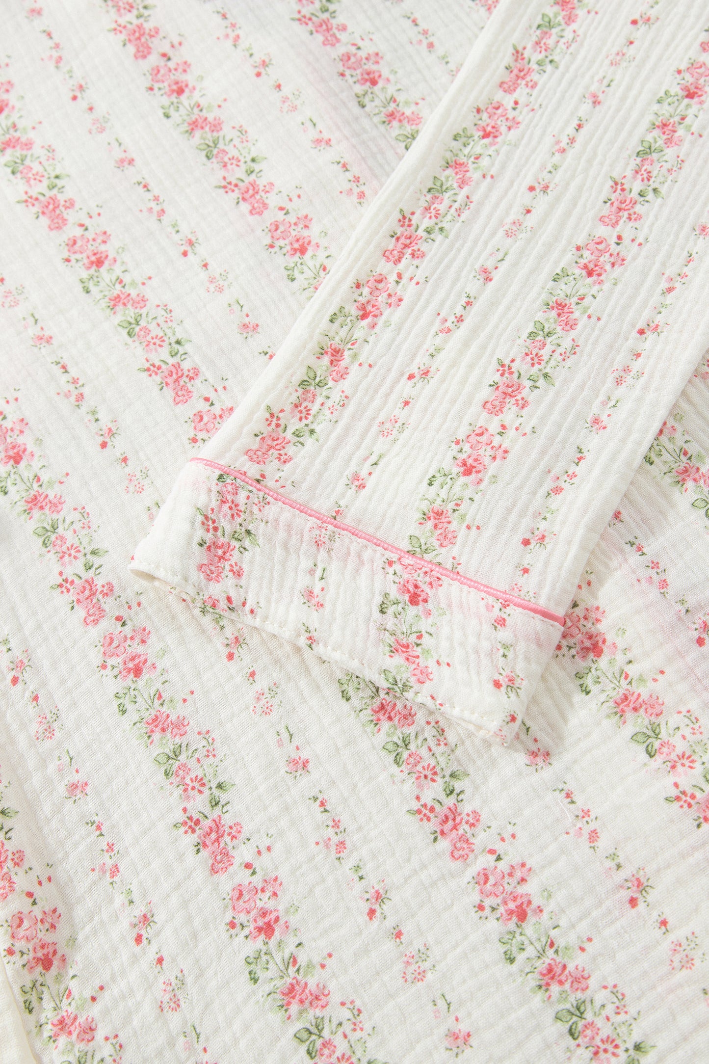 Pink Floral Print Long Sleeve Button Front Shirt Pajama Pant Set