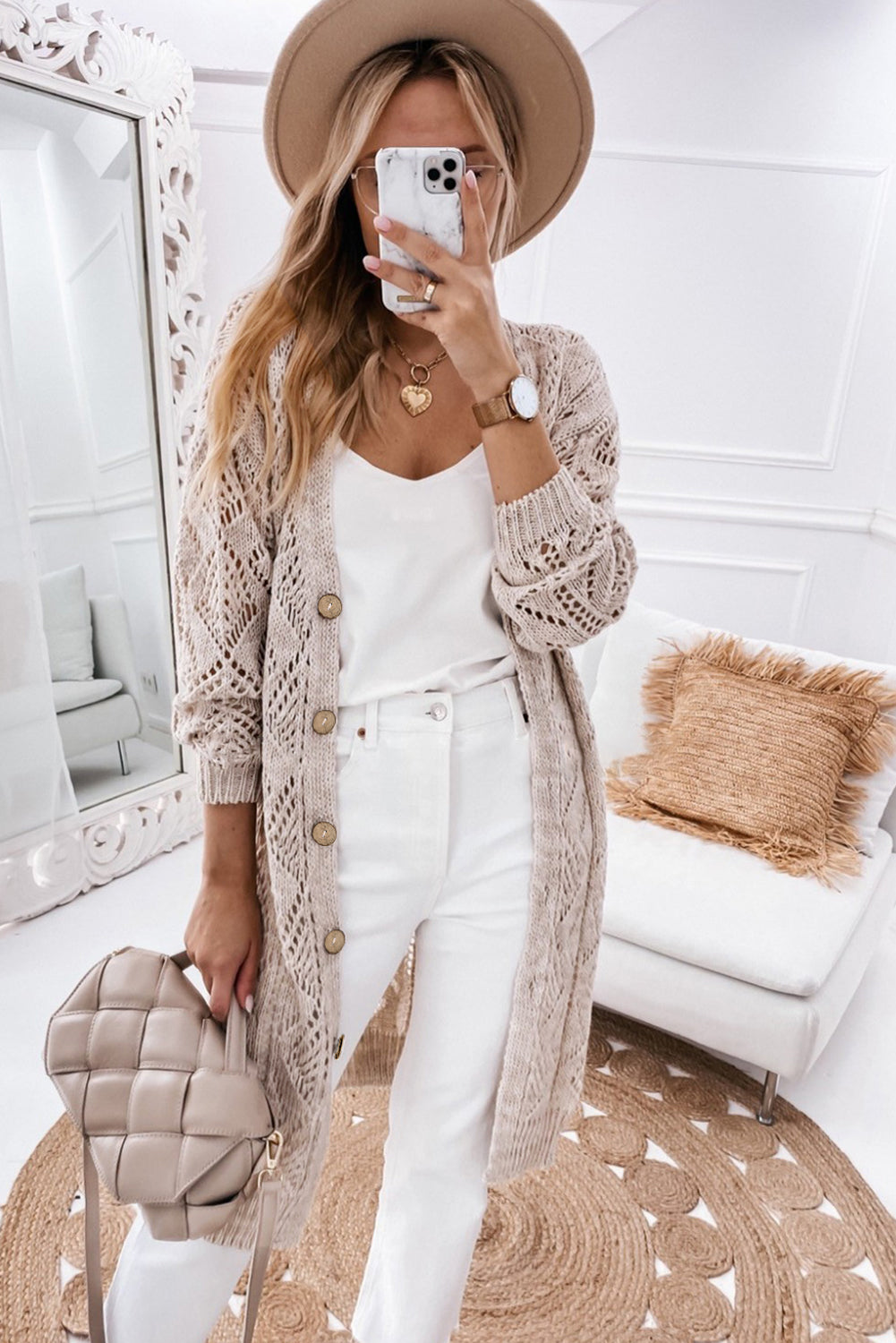 Purple Hollow-out Openwork Knit Cardigan