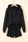 Black Button Drawstring Hooded Pullover and Casual Short Set