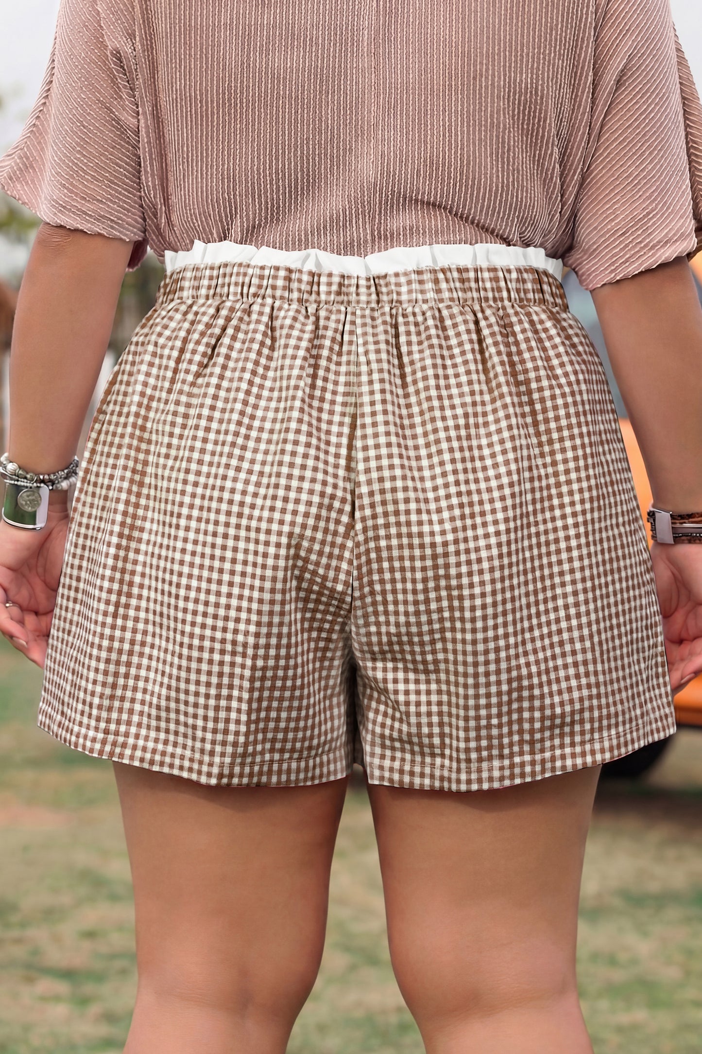 Sky Blue Contrast Trim Plaid Print Plus Size Shorts