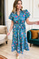 Blue Floral Flutter Sleeve Button Tie Split Neck Belted Long Dress