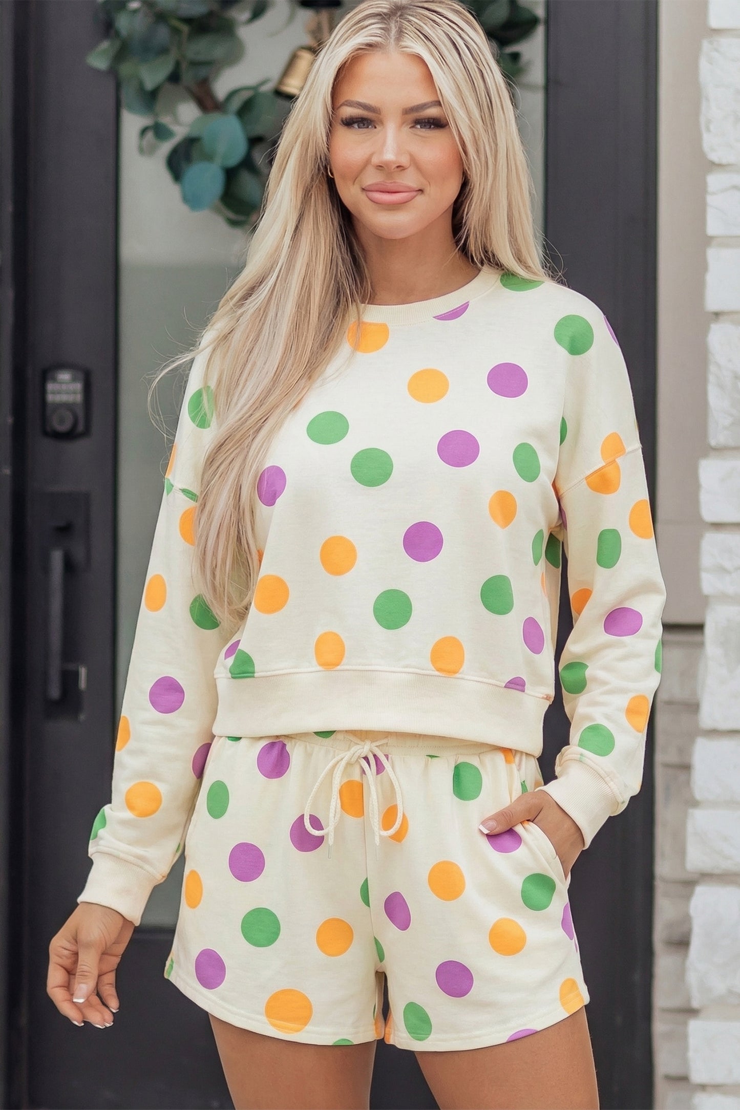 Sky Blue Polka Dot Print Drop Shoulder Pullover Drawstring Shorts Set