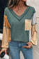 Sail Blue Exposed Stitching Colorblock V Neck Long Sleeve Top