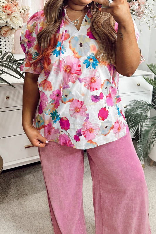 Pink Plus Size Floral Print Ruched Short Sleeve Blouse
