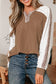 Dark Khaki Twisted Ribbed Leopard Lace Contrast Patchwork Long Sleeve Top
