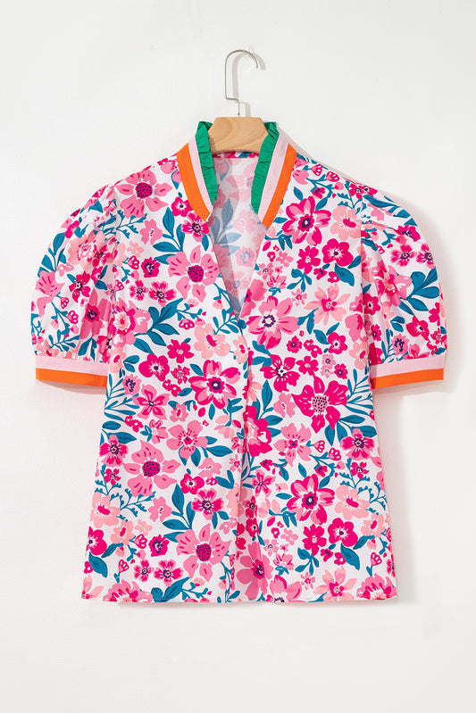 Pink Floral Print Contrast Striped Detail Short Sleeve Blouse