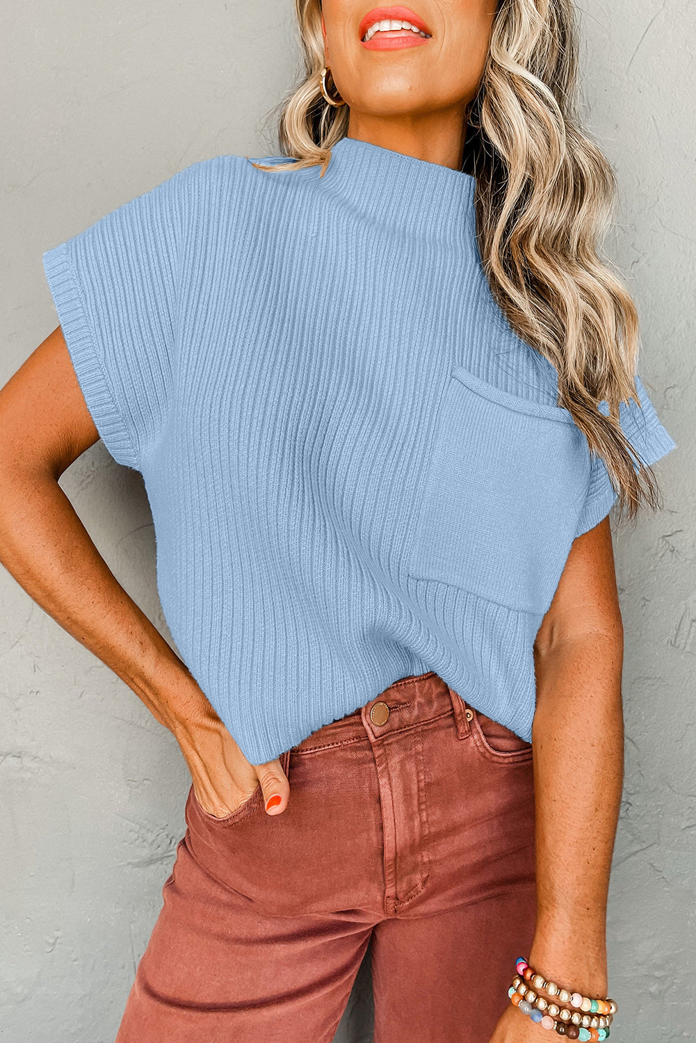 Dark Blue Patch Pocket Ribbed Knit Short Sleeve Sweater