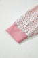Pink Floral Patched Waffle Textured Colorblock V Neck Casual Hooded Top