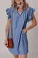 Sky Blue Stripe Frilly Split Neck Shirred Ruffle Sleeve Short Shift Dress