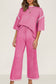 Navy Blue Contrast Trim Half Sleeve Top Drawstring Pants Loose 2pcs Sweater Suit