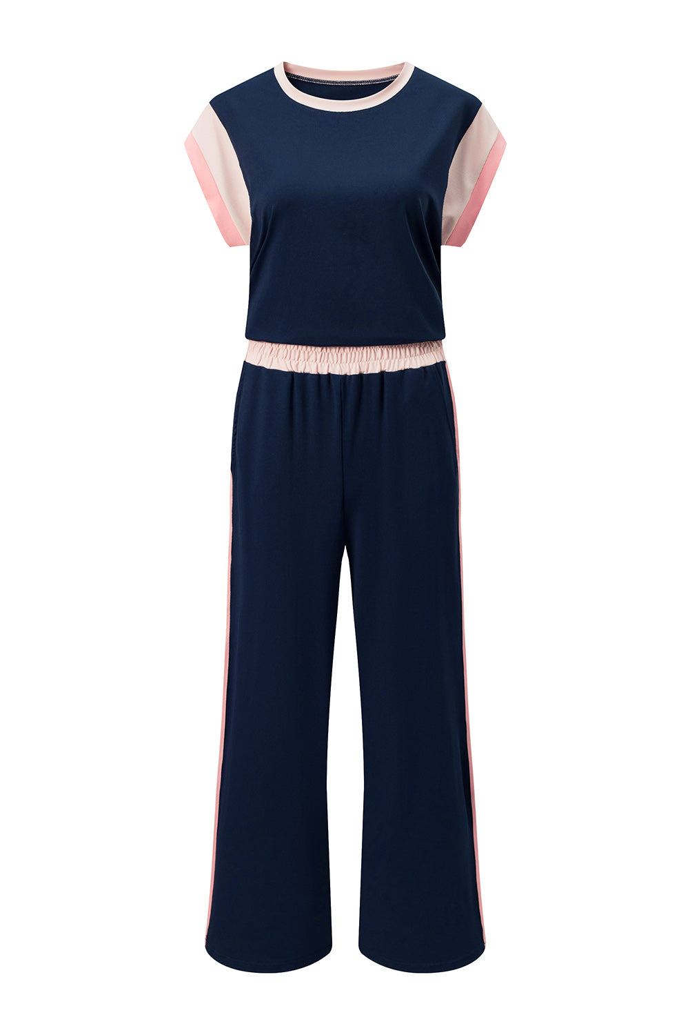 White Color Block Detail Casual Two-piece Set