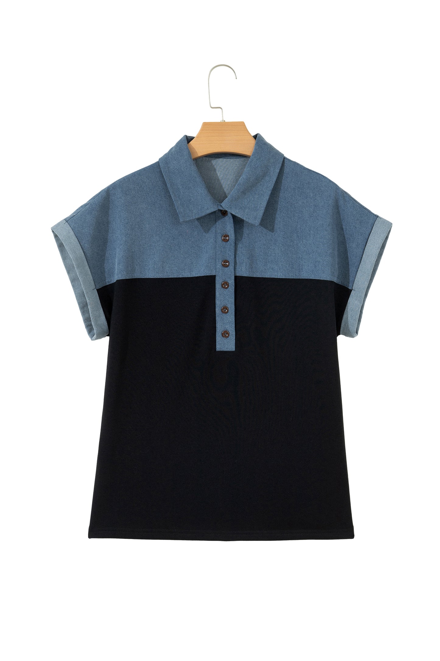 Black Color Block Denim Patchwork Button Polo Collar Short Sleeve Top