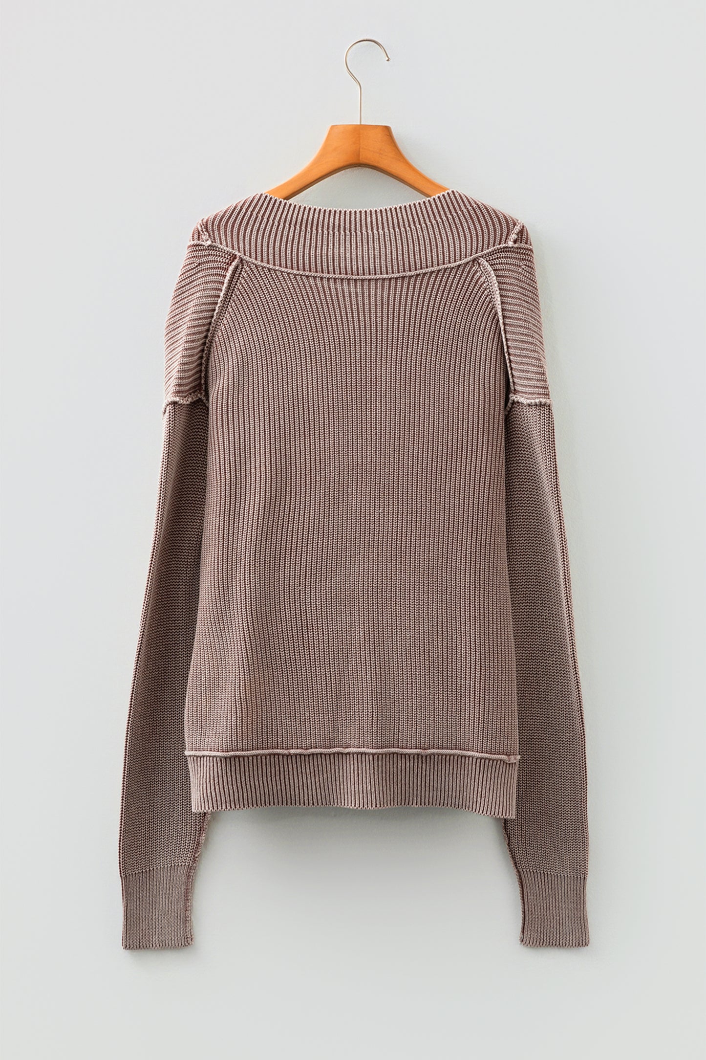 Dark Brown Mineral Wash Exposed Seam Patchwork Knit Open Sweater Cardigan
