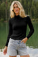 Black Ribbed Knit Lettuce Trim High Neck Long Sleeve Top