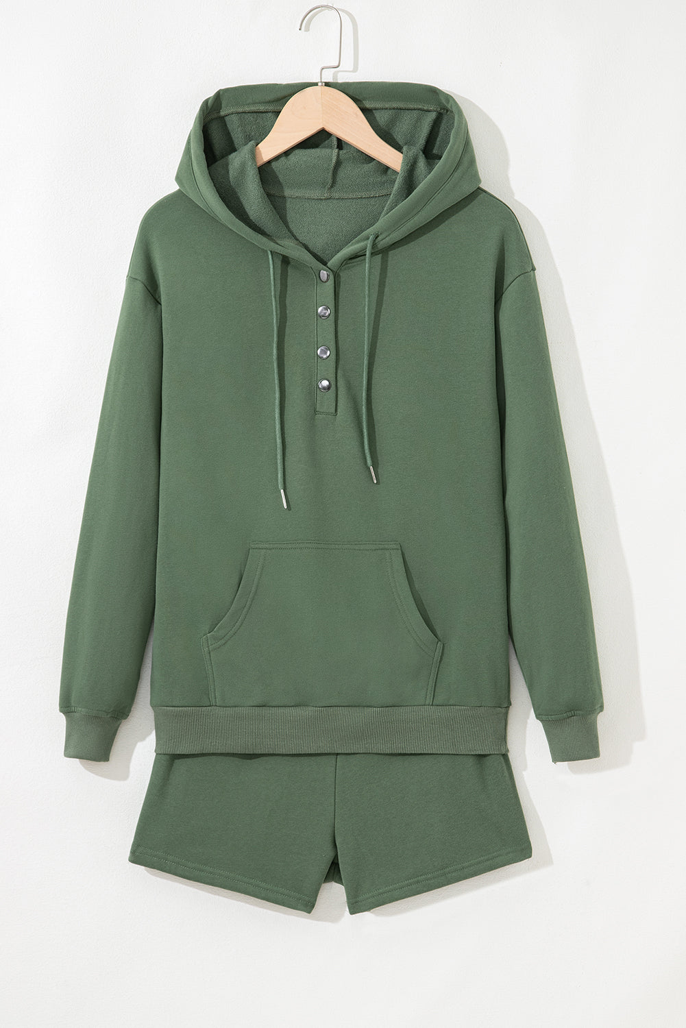 Black Button Drawstring Hooded Pullover and Casual Short Set