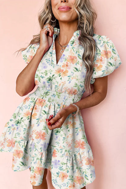 Beige Floral Print Shirred High Waist Puff Sleeve Mini Dress