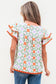 Green Geometric Floral Print Layered Flutter Sleeve V Neck Ric Rac Trim Blouse