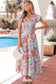 Apricot Floral Print V Neck Contrast Trim Flutter Sleeve Long Dress