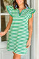 Green Stripe Print Contrast Collar Split Neck Flutter Sleeve Short Dress