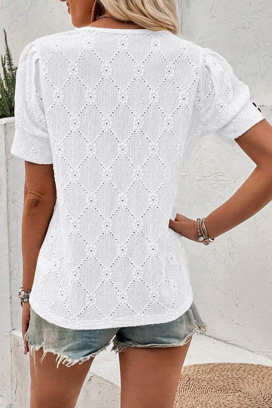 White Flower Geometric Textured Button Short Sleeve Top