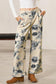 Beige Retro Floral Print Turn-up Cuffed Hem Loose Jeans