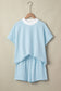 Pink Stripe Cuffed Sleeve Contrast Mock Neck Tee Casual 2pcs Short Set
