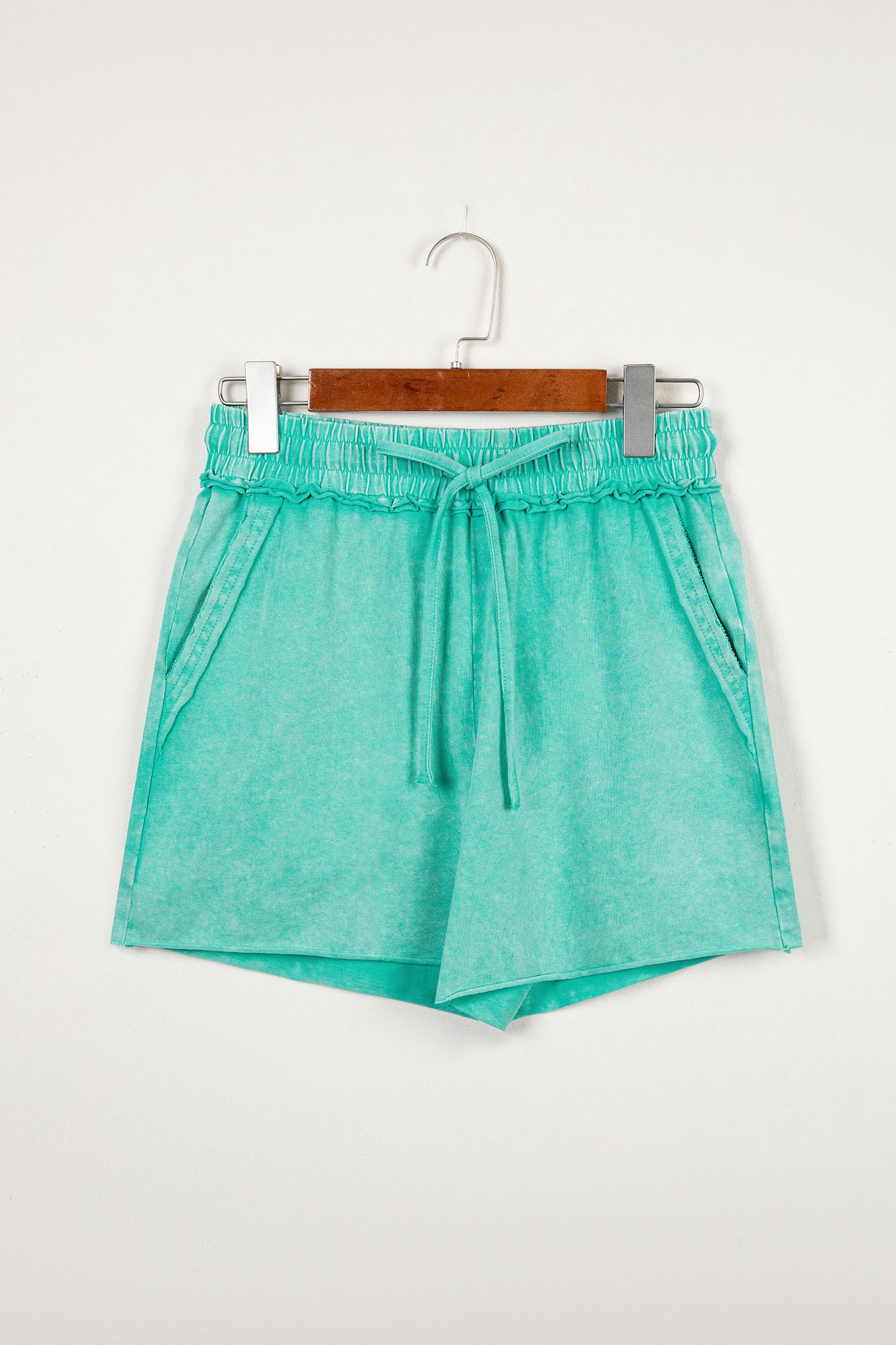 Sky Blue Mineral Washed Drawstring Elastic Waist Raw Cut Shorts