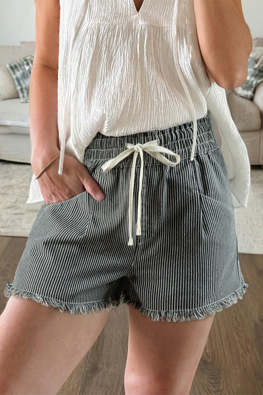 Black Stripe Raw Edge Drawstring Elastic Waist Casual Denim Shorts