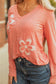 Fresh Salmon Floral Patchwork V Neck Long Sleeve T Shirt