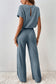 Mist Green Ribbed Keyhole Short Sleeve Wide Leg Jumpsuit