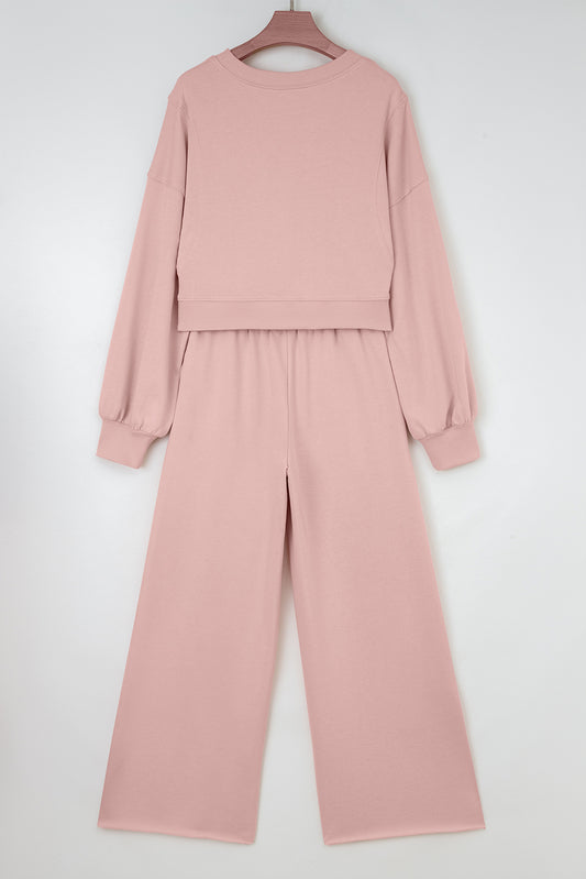 Light Pink Drop Shoulder Puff Sleeve Crop Pullover Drawstring Wide Leg Pants Set