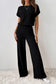 Mist Green Ribbed Keyhole Short Sleeve Wide Leg Jumpsuit