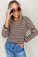 Brown Stripe Ribbed Cropped Crew Neck Long Sleeve T Shirt
