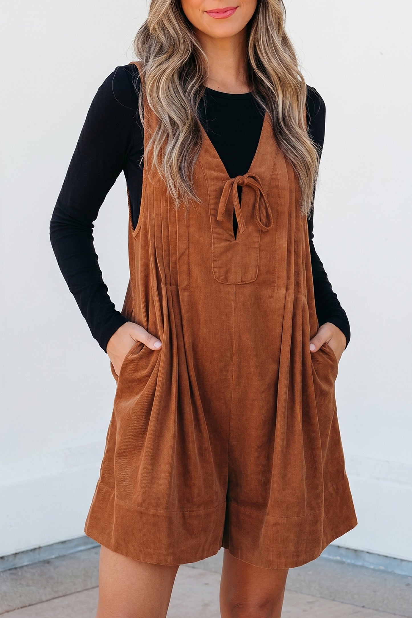 Cinnamon Solid Color Tie V Neck Sleeveless Corduroy Romper
