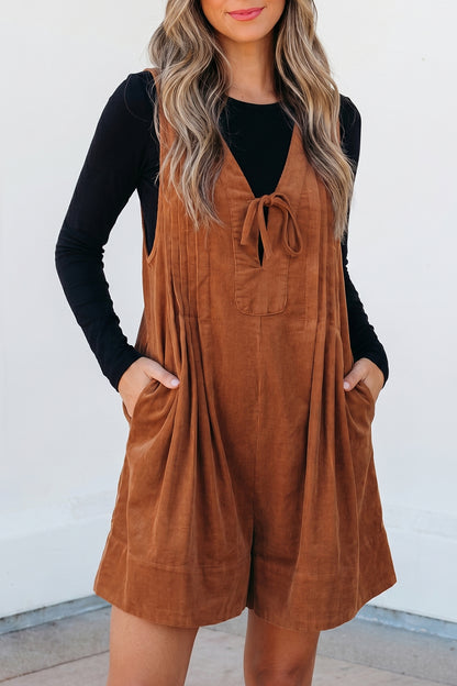 Cinnamon Solid Color Tie V Neck Sleeveless Corduroy Romper