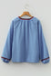 Real Teal Floral Embroidered Split Neck Tassel Tie Puff Sleeve Blouse