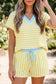Pink Stripe Colorblock Trim V Neck Tee Drawstring Elastic Waist Short Set