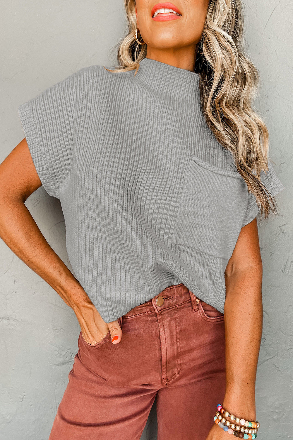 Dark Blue Patch Pocket Ribbed Knit Short Sleeve Sweater