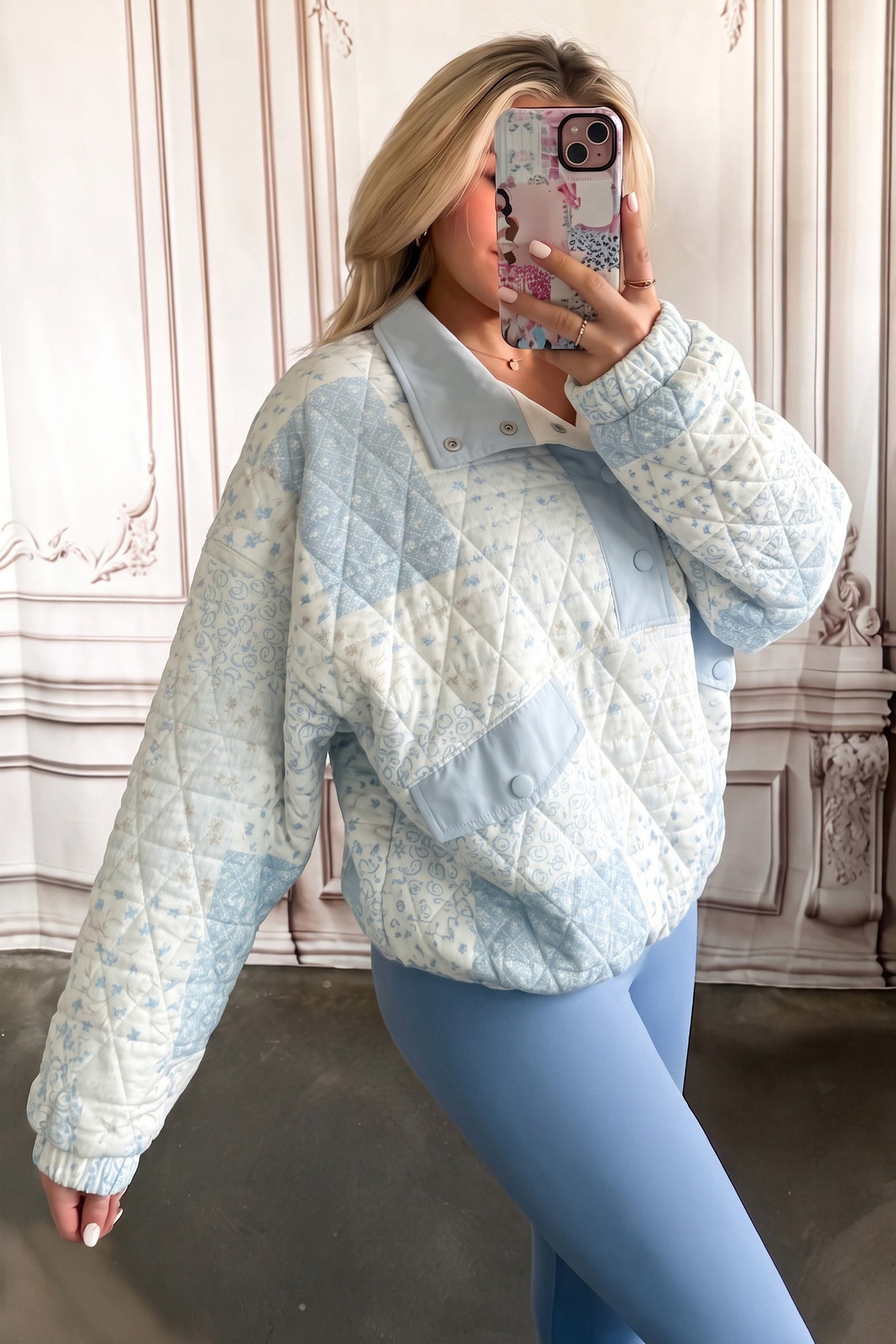 Pink Floral Quilted Half Button Pocketed Pullover Sweatshirt