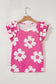 Pink Floral Textured Ruffled Short Sleeve Square Neck Blouse