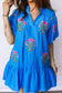 Blue Flower Embroidered Split Neck Short Puff Sleeve Ruffle Hem Dress