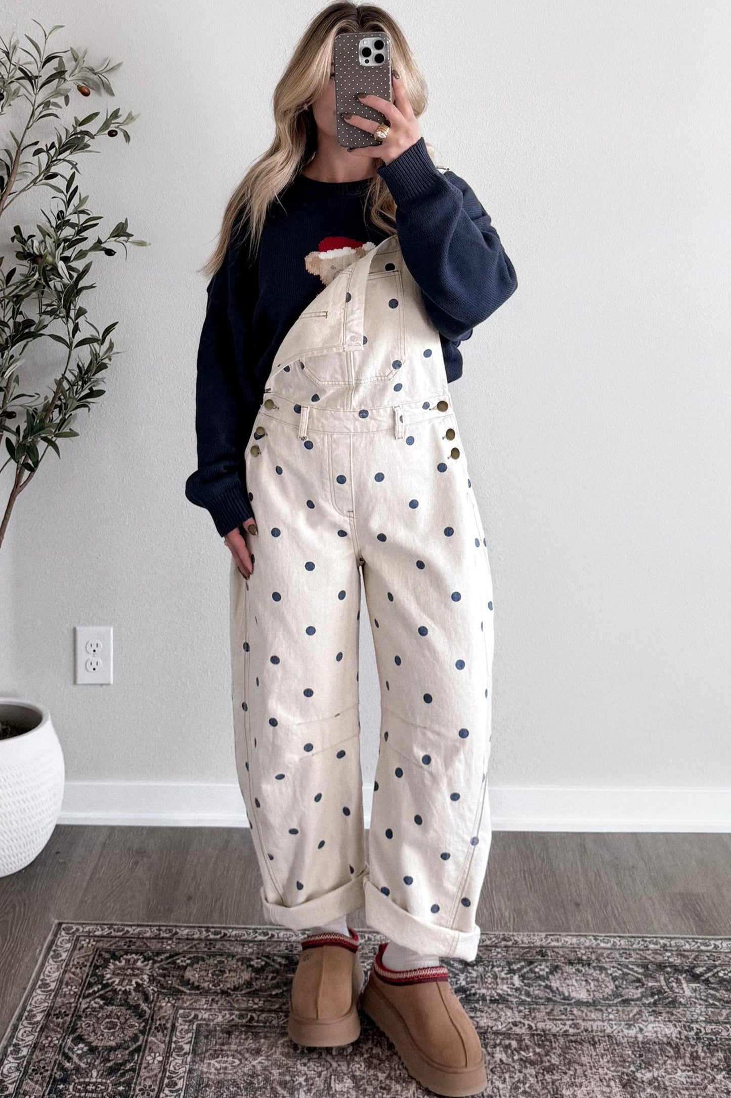 Jet Stream Polka Dot Print Bib Pocket Denim Barrel Overalls Jumpsuit