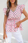 Pink V Neck Polka Dot Print Drawstring Tiered Babydoll Blouse