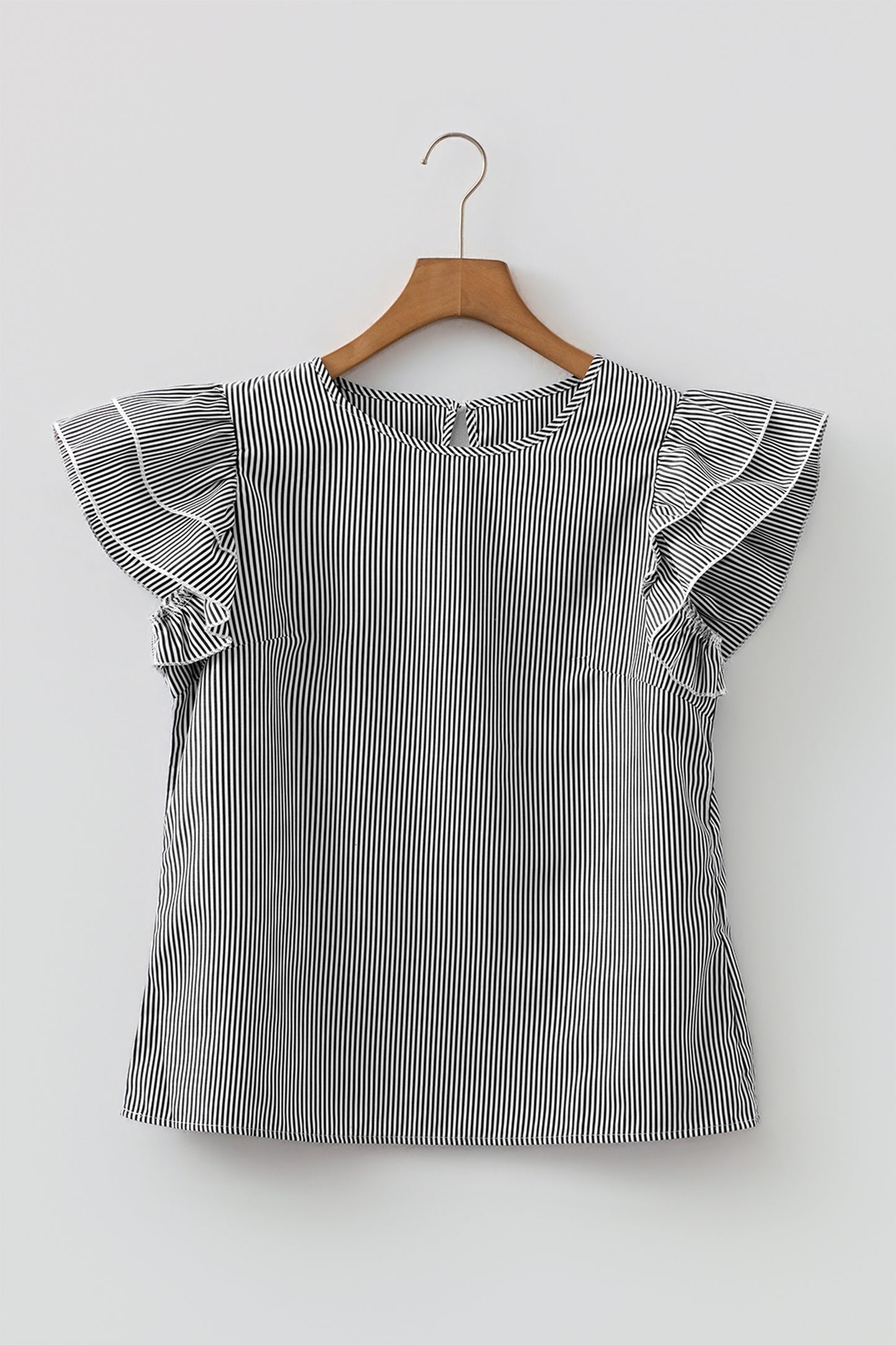 Black Stripe Striped Ruffle Sleeve Short Sleeve Round Neck Casual Shift Blouse