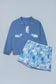 Blue Floral Patchwork V-Neck Long Sleeve Short Bottoms Plus Size Set