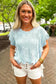 Beau Blue Pointelle Knit Patterned Scalloped Trim Short Sleeve Sweater