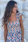 Sky Blue Ethnic Geometric Print Square Neck Smocked High Waist Ruffle Sleeve Dress
