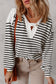 Khaki Stripe Textured Hooded V Neck Casual Long Sleeve Top