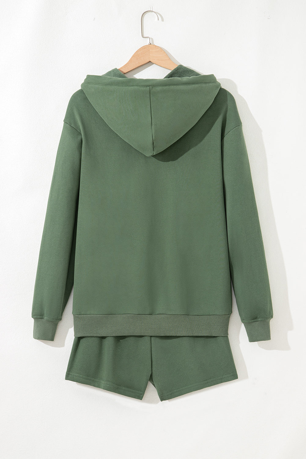 Black Button Drawstring Hooded Pullover and Casual Short Set