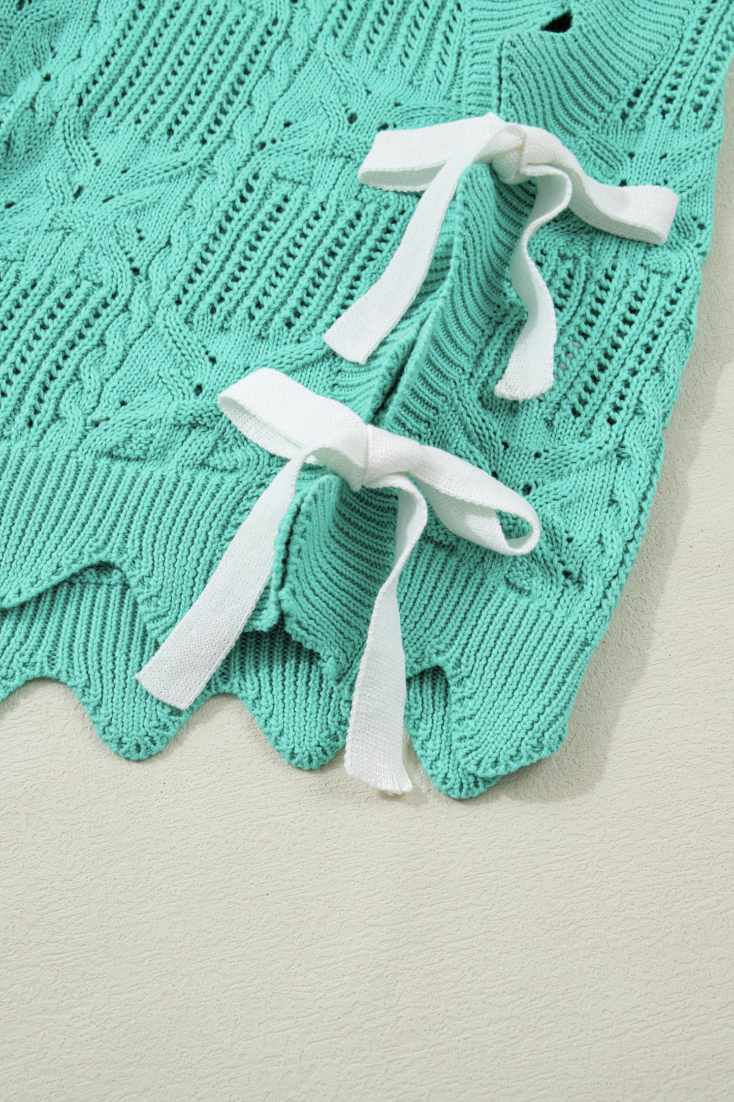 Beau Blue Pointelle Knit Patterned Scalloped Trim Short Sleeve Sweater